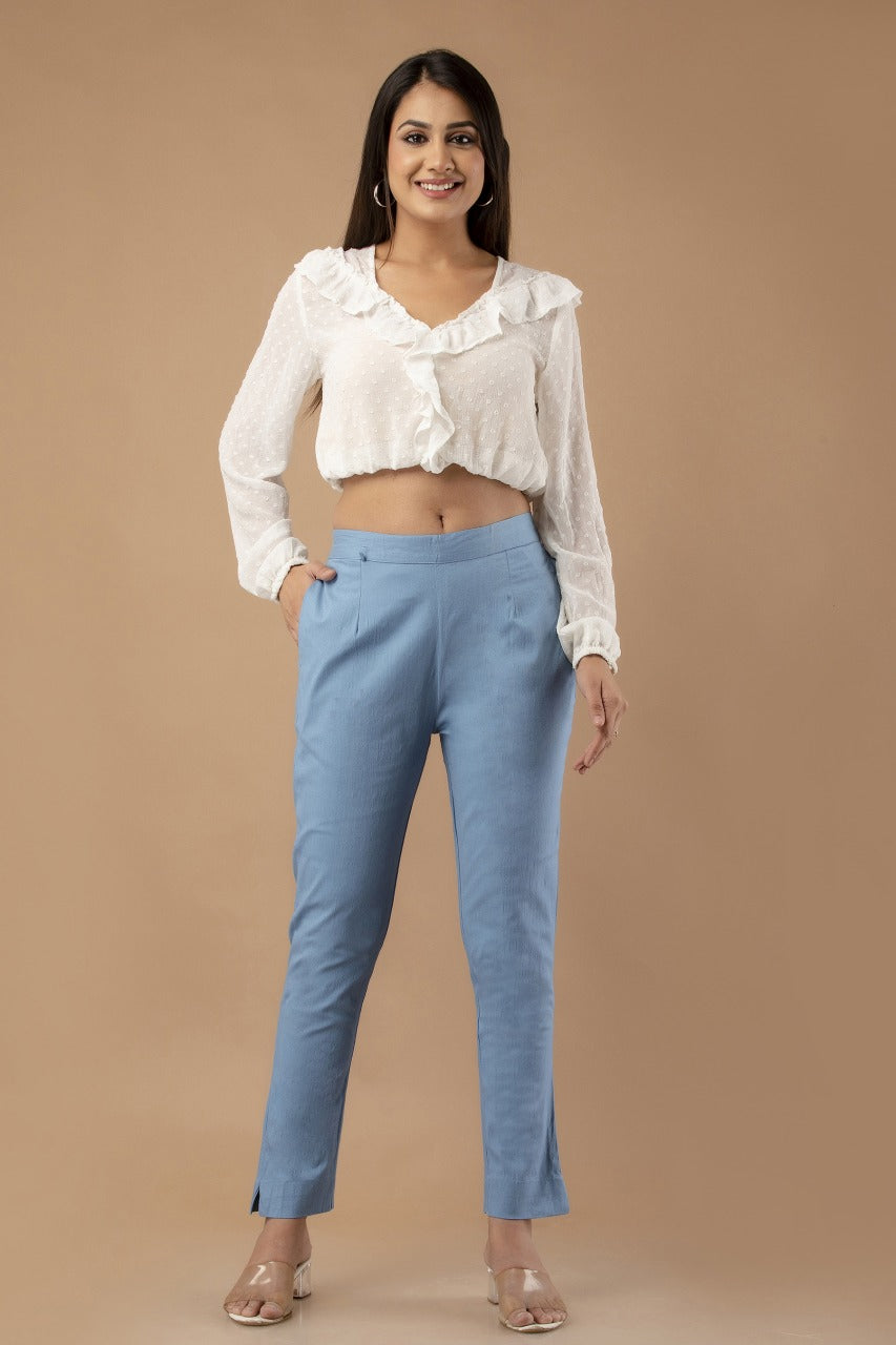 Women Light Blue Pure Cotton Pant