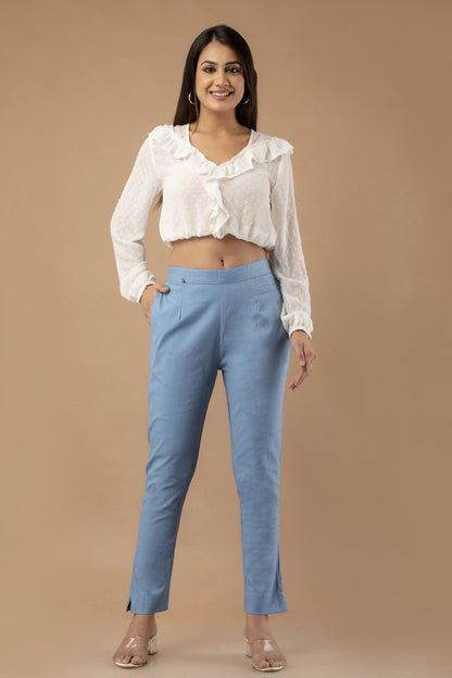 Women Light Blue Pure Cotton Pant